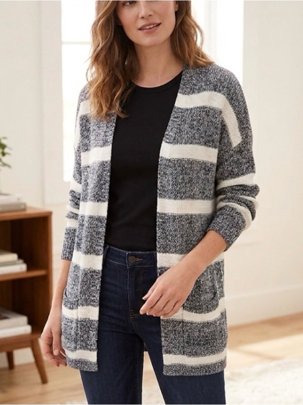 Lucky Brand Open Knit Blue White Stripe Long a cardigan Sz M
